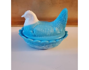 Westmoreland Blue Slag Milk Glass Hen on Nest White Head 5.5" Covered Dish Rare