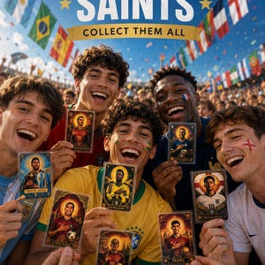 Può includere: Un poster intitolato FOOTBALL SAINTS COLLECT THEM ALL mostra cinque persone sorridenti che tengono in mano carte collezionabili rettangolari raffiguranti calciatori. Lo sfondo mostra uno stadio pieno di bandiere internazionali e folla.