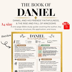May include: A Bible study guide titled "The Book of Daniel" with the text "Daniel and His Friends' Faithfulness, & The Rise and Fall of Kingdoms." The guide includes key themes, structure, and life application. The PDF document is A4 size.