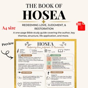 May include: A Bible study guide titled "The Book of Hosea," focusing on redeeming love, judgment, and restoration. The A4-sized guide includes key insights, structure, and themes. The guide is a one-page summary of the book of Hosea.