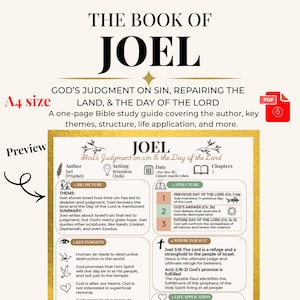 May include: A PDF Bible study guide titled "The Book of Joel" with the text "God's Judgment on Sin, Repairing the Land, & the Day of the Lord." The guide covers the author, key themes, structure, and life application.