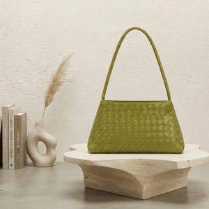 Handwoven Leather Shoulder Bag, Green Hobo Purse, Minimalist Everyday Style