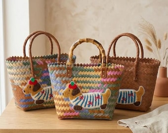 Hand Woven Straw Tote Bag, Embroidered Dachshund Patch, Boho Summer Beach Bag