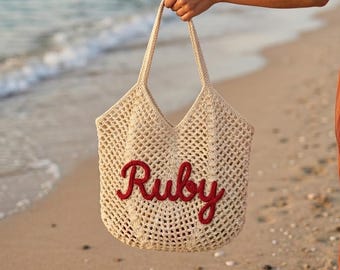Bolsa de praia de crochê personalizada: Bolsa de algodão tricotado bordada, estilo boho para viagens de verão.