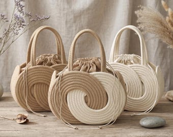 Hand-twisted Cotton Rope Round Handbag, Boho Geometric Beach Purse