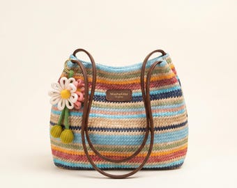 Boho Rainbow Crochet Tote Bag, Woven Straw Beach Purse, Daisy Charm Shoulder Bag