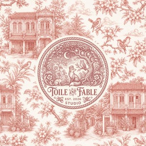 May include: A monochromatic red and cream toile pattern featuring architectural building facades, flowering branches, and birds. A central circular emblem displays a fox, rabbit, and owl under a crescent moon with the text Toile and Fable Est. 2026 Studio.
