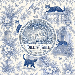 May include: A blue and white toile pattern featuring cats, flowers, and a central circular emblem with a fox, rabbit, and owl. The emblem includes the text TOILE AND FABLE EST. 2026 STUDIO, surrounded by botanical elements, butterflies, and birds.