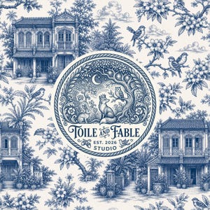 Navy Peranakan Terrassenhaus Französisches Toile-Muster, Frangipani Sparrow-Digitalpapier, Toile de Jouy PNG