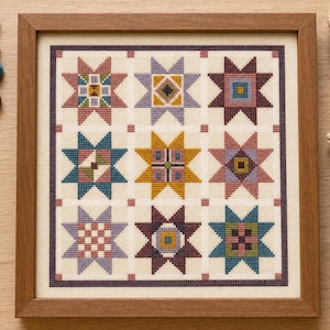 Può includere: Un ricamo a punto croce incorniciato che presenta una griglia di nove distinte stelle a otto punte in vari colori, tra cui rosa, blu, giallo e viola, su uno sfondo di tessuto color crema con un bordo viola scuro.