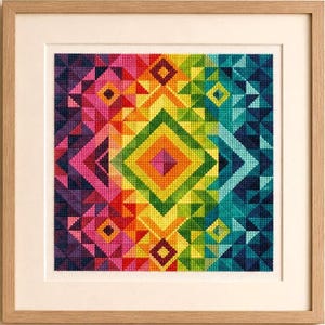 Färgglatt geometriskt korsstygnsmönster i PDF-format, regnbågsmönster för quilt, modernt abstrakt broderi, räknat korsstygn för nedladdning