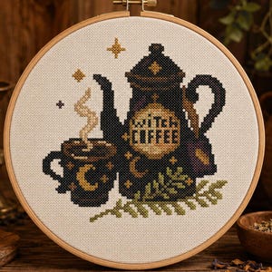Witchcore Kitchen Cross Stitch Pattern PDF, Gothic Kitchen Coffee and Tea Sampler, Summerween Decor, Beginner Digital Download