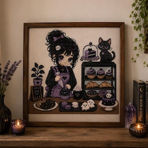 Patrón de punto de cruz de cocina de brujas en PDF, gráfico de bordado de chica gótica y gato negro, punto de cruz de brujas de Halloween, descarga instantánea.