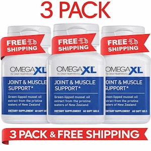 Pode incluir: Três frascos brancos de suplementos com rótulos azuis e brancos, com o texto "OMEGA XL" e "JOINT & MUSCLE SUPPORT". Cada frasco tem uma faixa vermelha que diz "FREE SHIPPING". O texto "3 PACK" está no topo.