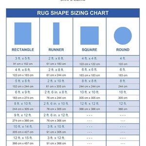 May include: A blue and white chart detailing rug sizes and shapes. The chart includes rectangle, runner, square, and round rug shapes with corresponding dimensions in feet and inches, and centimeters.