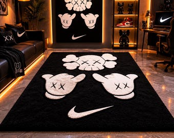 Handtufted Black White KAWS Cartoon Rug – Streetwear Gaming Decor