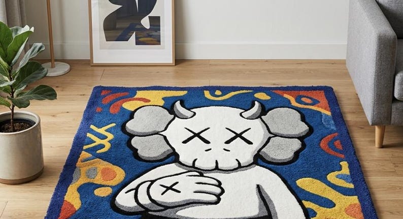 Pode incluir: Um tapete retangular com uma personagem de desenho animado branca central com chifres e olhos em forma de X sobre um fundo azul profundo. O design inclui formas abstratas amarelas, laranjas e vermelhas que rodeiam a personagem, tudo em pelo tufado.