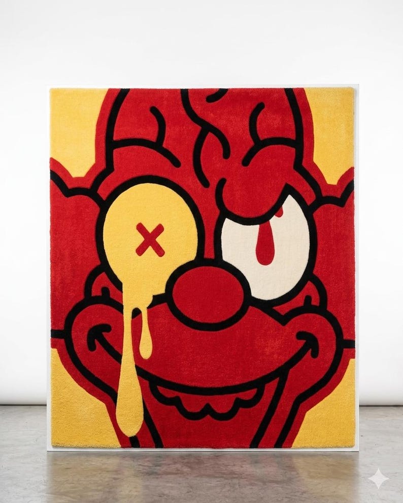 May include: A rectangular tufted rug featuring a stylized red clown face with a yellow background. The clown has a yellow eye with a red X and a dripping yellow liquid effect, a white eye with a red pupil, and a wide red smile outlined in black.