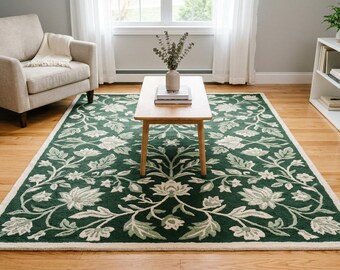 Modern Botanical Emerald Green Rug - Hand-Tufted Floral Wool Carpet - Elegant Rectangle Minimalist Area Rug, Clean Living Room Aesthetic