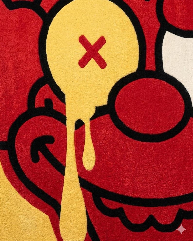 May include: A tufted rug featuring a stylized cartoon face in vibrant red and yellow. The design includes a prominent yellow eye with a red X, a dripping yellow effect, and bold black outlines that define the facial features and curved mouth.