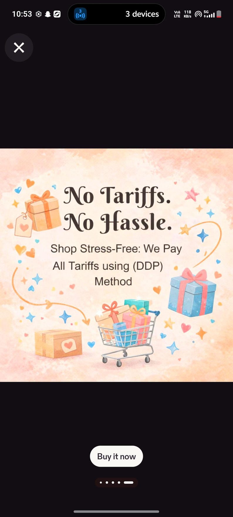 May include: An advertisement with the text "No Tariffs. No Hassle." and "Shop Stress-Free: We Pay All Tariffs using (DDP) Method." The image includes gift boxes, a shopping cart, and decorative elements.