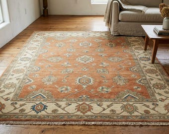 Vintage Oushak Hand Knotted Wool Rug Terracotta Terracotta Turkish Area Carpet Living Room