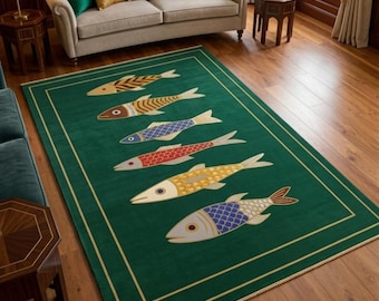 Hand Tufted Fish Rug Green Mediterranean Area Carpet Luxury Vintage Nautical Kids Decor