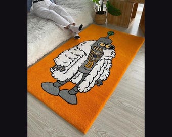 Handtufted Futurama Bender Robot Rug Pimp Coat Bitcoin Chain Orange Cartoon Tufted Carpet