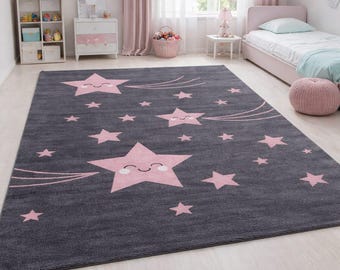 Shooting Star Kids Rug: Grey, Pink Nursery Carpet, Soft Playroom Mat