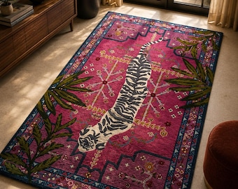 Handtufted Tiger Rug Pink Tibetan Folk Art Carpet Exotic Jungle Floral Living Room Decor
