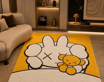 Hypebeast Bunny Rug Handtufted Yellow Kaws Inspired Cartoon Carpet Modern Luxury Decor