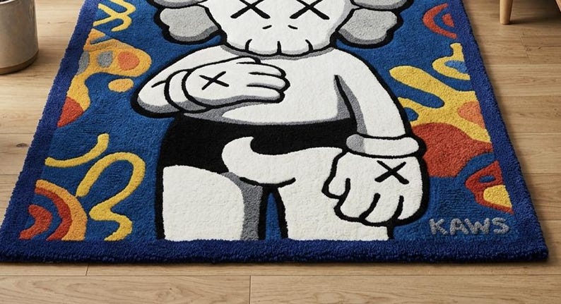 Pode incluir: Um tapete retangular com uma personagem de desenho animado branca com olhos em forma de X e m&atilde;os enluvadas sobre um fundo azul profundo. O design inclui formas abstratas amarelas, laranjas e vermelhas, com o texto KAWS no canto inferior.