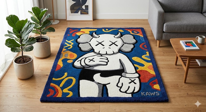 Pode incluir: Um tapete retangular com uma personagem de desenho animado branca com olhos em forma de X, chifres e cal&ccedil;&otilde;es pretos sobre um fundo azul profundo. O design inclui formas abstratas amarelas, laranjas e vermelhas, com o texto KAWS no canto.