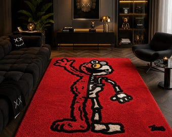 KAWS Elmo Skeleton Hand-Tufted Rug, Custom Red Hypebeast Carpet, Streetwear Art Decor