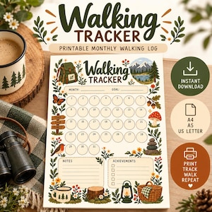 Pode incluir: Um registo mensal de caminhadas imprimível com um design de temática natural, ilustrado com uma mochila, montanhas, uma borboleta, um cogumelo, uma lanterna e um cesto. A página inclui uma grelha de calendário para 31 dias, secções para notas e conquistas, e o texto Walking Tracker.
