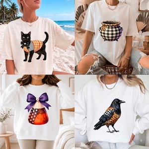 Halloween Patchwork Clipart Bundle | Spooky Black Cat Witch PNG Set | Fall Gingham Patterns | Autumn Sublimation Graphics