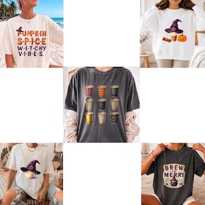 Può includere: Un collage di cinque t-shirt e felpe con grafiche stagionali. I design includono il testo PUMPKIN SPICE WITCHY VIBES, un cappello da strega con zucca, una griglia di nove tazze da caffè, un cappello da strega su una tazza e BREW AND MERRY.