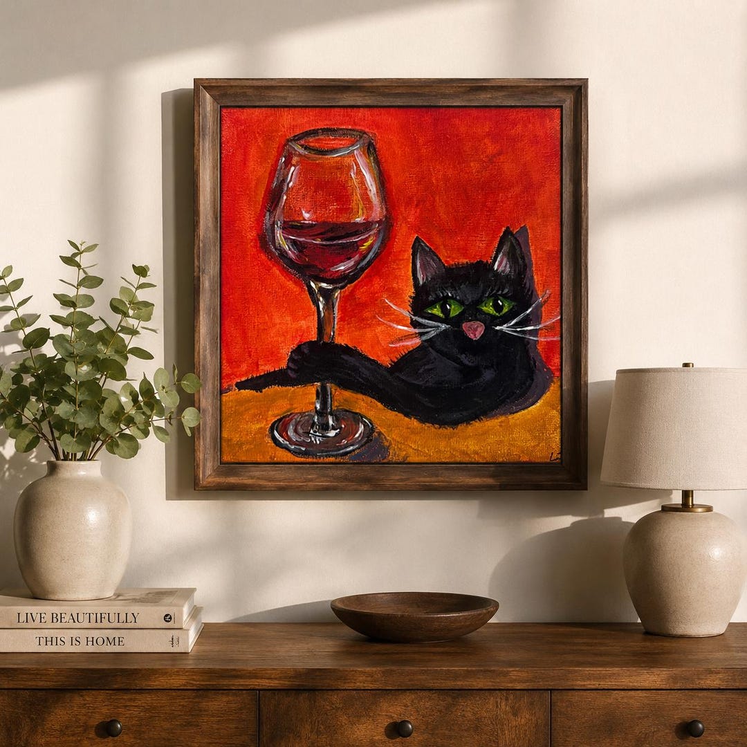 Black Cat Wine Print | Funny Cat Wall Art | Colourful Maximalist Decor ...