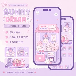May include: A digital phone theme titled Bunny Daydream Bunny Dream featuring a pastel purple and pink colour palette. The display shows a claw machine graphic with bunnies, 55 app icons, 6 wallpapers, and 4 widgets. The design includes small hearts.