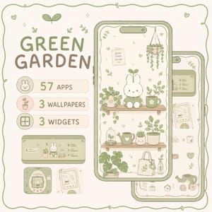 May include: A digital Green Garden theme pack featuring a white rabbit character, potted plants, and gardening tools. Includes 57 app icons, 3 wallpapers, and 3 widgets displayed on smartphone screens with soft sage green and cream colour palettes.