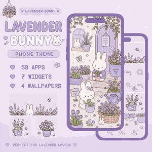 Könnte beinhalten: Ein digitales Handy-Themenset mit dem Titel Lavender Bunny in einer hellvioletten Farbpalette. Das Set enthält 59 App-Symbole, 7 Widgets und 4 Hintergrundbilder. Die Illustrationen zeigen weiße Hasen bei der Gartenarbeit mit Lavendel und Blumen.