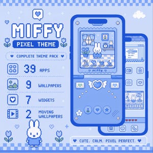 Può includere: Un pacchetto tema completo Miffy in pixel nelle tonalità del blu. Il display digitale mostra 39 app, 9 sfondi, 7 widget e 2 sfondi animati. L'interfaccia presenta un personaggio coniglio pixelato, icone floreali e un motivo a cuore.
