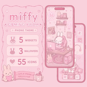 May include: A digital phone theme pack featuring a Miffy gaming room design in shades of pink. The display includes text reading Miffy Gaming Room, 5 Widgets, 3 Wallpapers, 55 Icons, and Cute & Strong Focus & Play. Two smartphones show screens with Miffy illustrations.