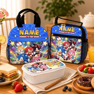 Personalized School Lunch Collection, Sonic Friends Lunch Bag Bundle, Matching Lunch Box Set for Elementary Kids