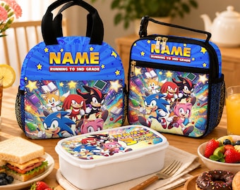 Colección personalizada de almuerzos escolares, paquete de bolsas de almuerzo de Sonic Friends, juego de loncheras a juego para niños de primaria.