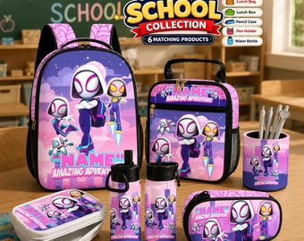 Mochila de Spider-Gwen para niñas, mochila escolar personalizada de Spider-Heroína, juego de almuerzo a juego, regalo de regreso a clases para niños, nombre personalizado