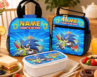Bolsa de almuerzo Sonic personalizada, lonchera, útiles escolares para niños de 3er grado, regalo personalizado de regreso a clases para niños.