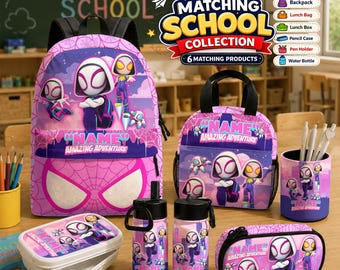 Mochila de Spider-Gwen para niñas, mochila escolar personalizada de Spider-Heroína, juego de almuerzo a juego, regalo de regreso a clases para niños, nombre personalizado