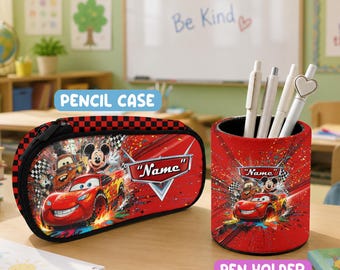 Estuche y portalápices de Mickey Mouse de Disney Cars, útiles escolares personalizados de Rayo McQueen, regalo de carreras con nombre personalizado
