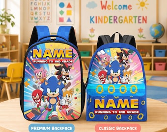 Mochila Sonic para niños, mochila escolar personalizada, mochila con nombre y grado personalizados, regalo para el primer día de clases.